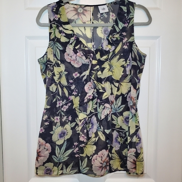 Cabi #3265 Osaka Nights Floral V-neck ruffle sleeveless sheer blouse S - Picture 1 of 10